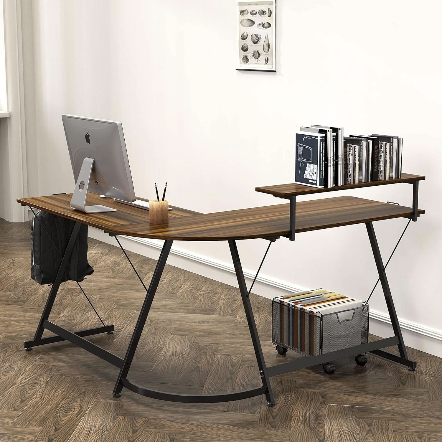 Vista L-shaped corner computer desk in walnut finish with removable monitor stand and steel frame — view 2