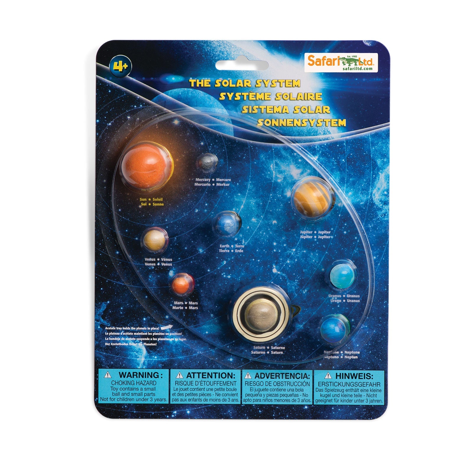 Solar system toy set featuring sun and eight highly detailed miniature planets in an acetate tray