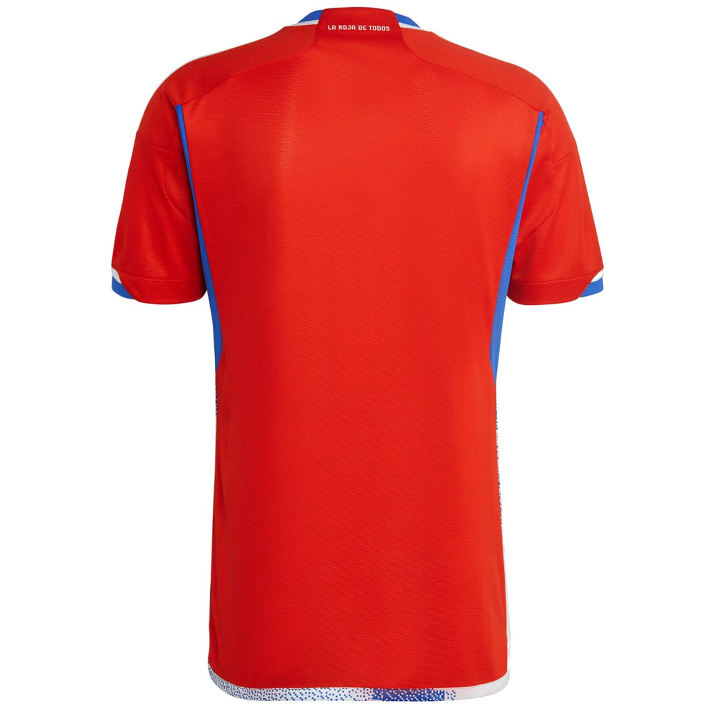 Official Adidas Chile national team home soccer jersey in iconic red with white stripes — view 2