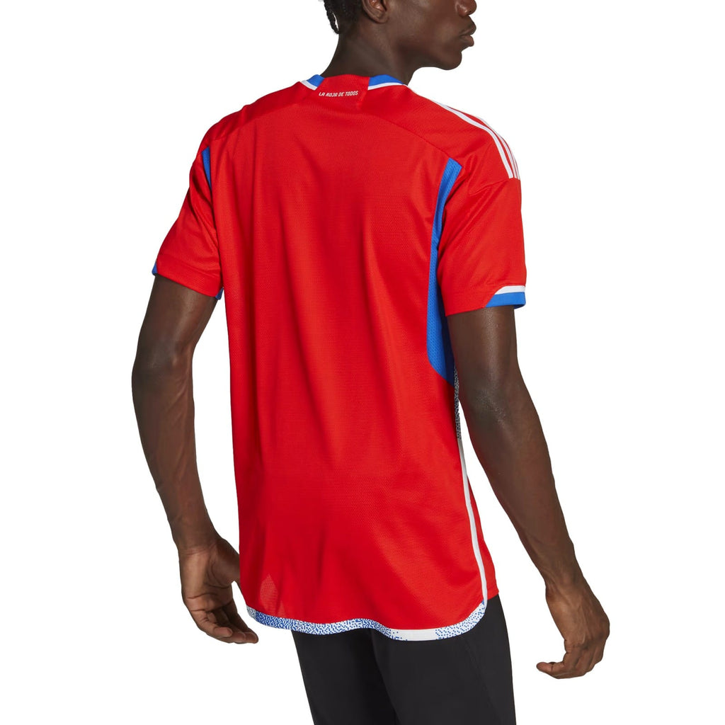 Official Adidas Chile national team home soccer jersey in iconic red with white stripes — view 4