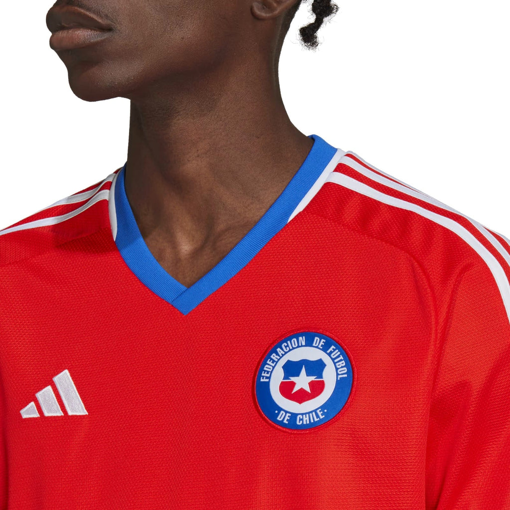 Official Adidas Chile national team home soccer jersey in iconic red with white stripes — view 5