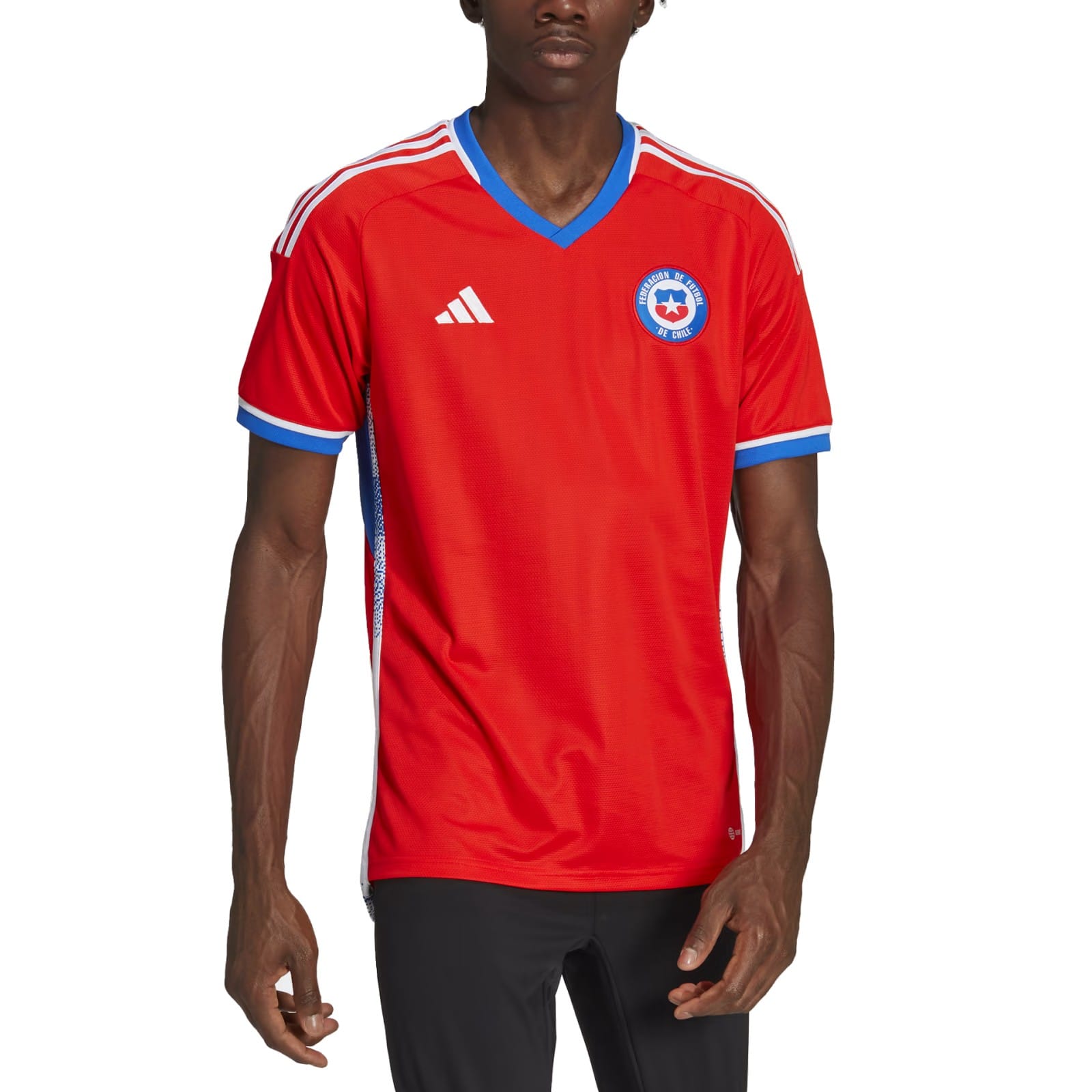 Official Adidas Chile national team home soccer jersey in iconic red with white stripes — view 3