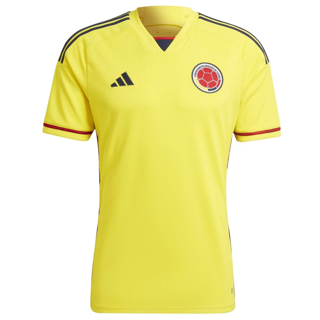 Official yellow and navy Colombia national team home soccer jersey for 2022/23 by Adidas