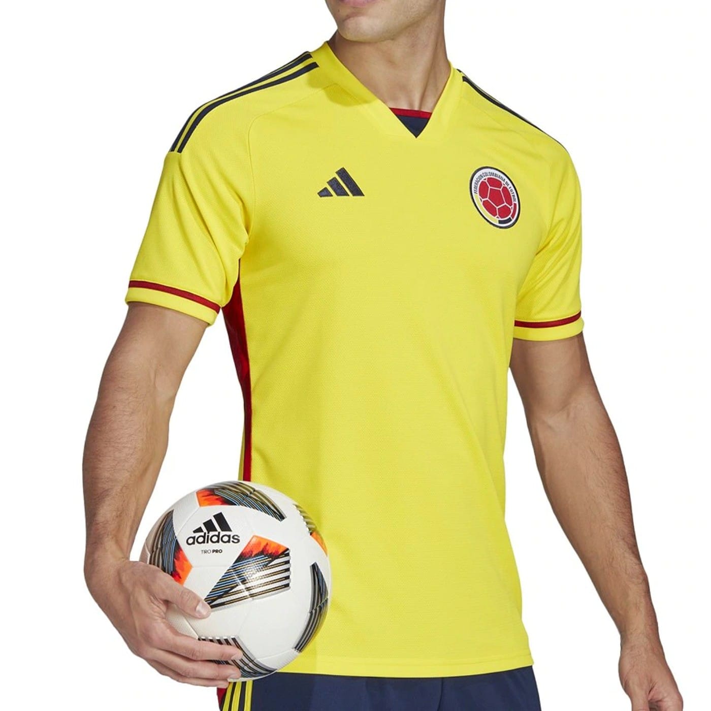 Official yellow and navy Colombia national team home soccer jersey for 2022/23 by Adidas — view 2