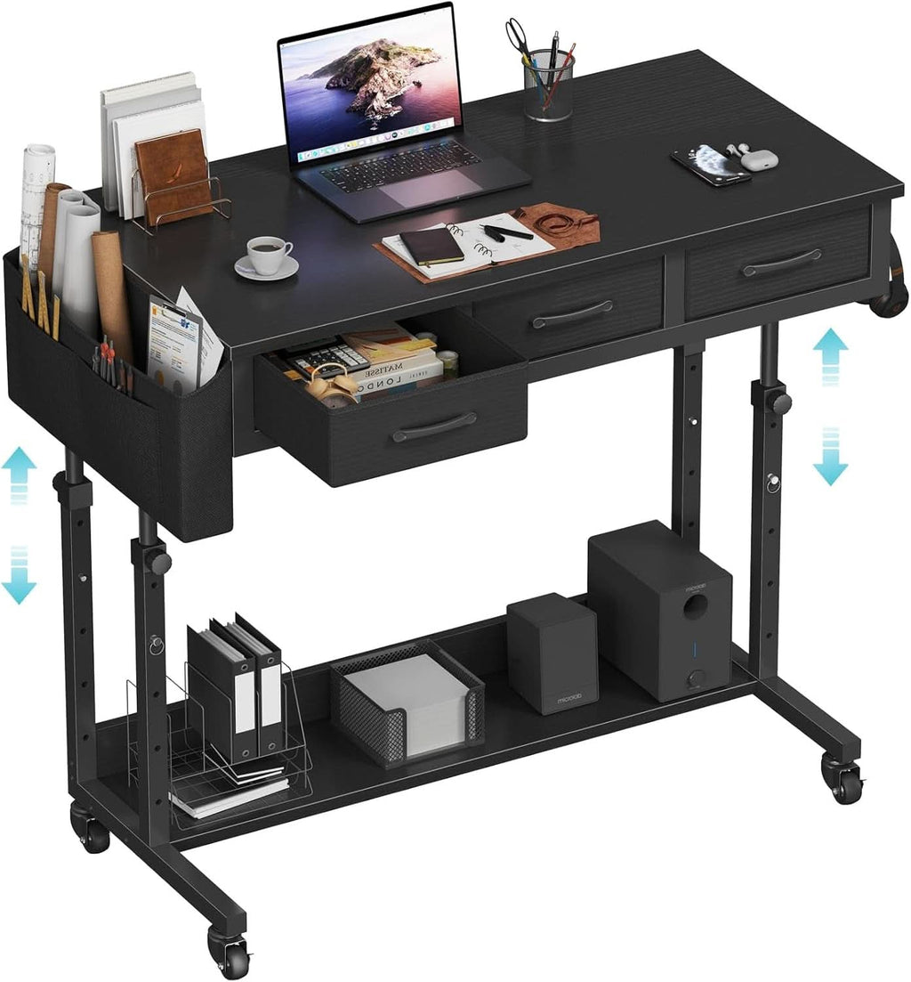 Adjustable height rolling standing desk with integrated drawers and heavy duty casters in a modern finish