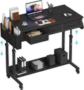 Adjustable height rolling standing desk with integrated drawers and heavy duty casters in a modern finish