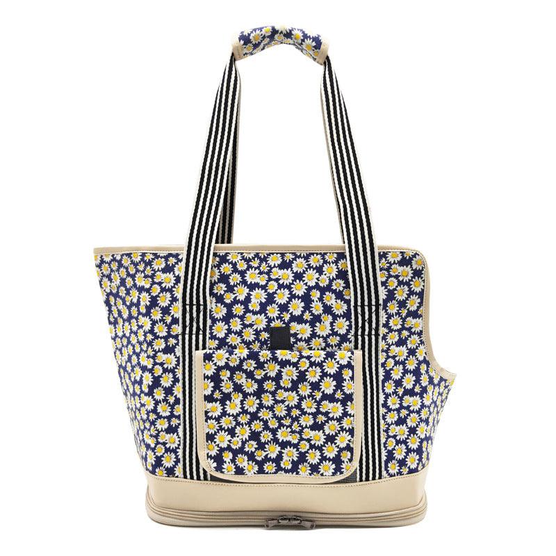 Portable pet travel shoulder bag in colorful patterned canvas with breathable mesh window for small animals — view 2
