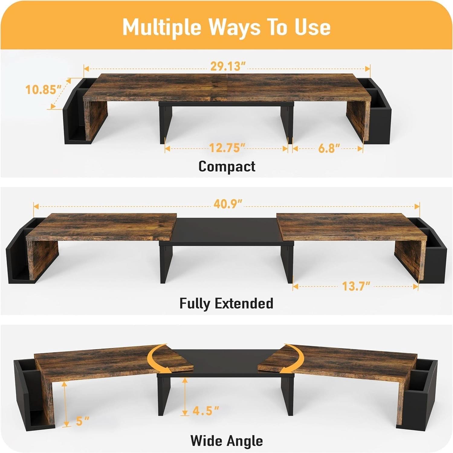 Rustic brown dual monitor stand riser with sliding storage drawer and smartphone holder on desk — view 3