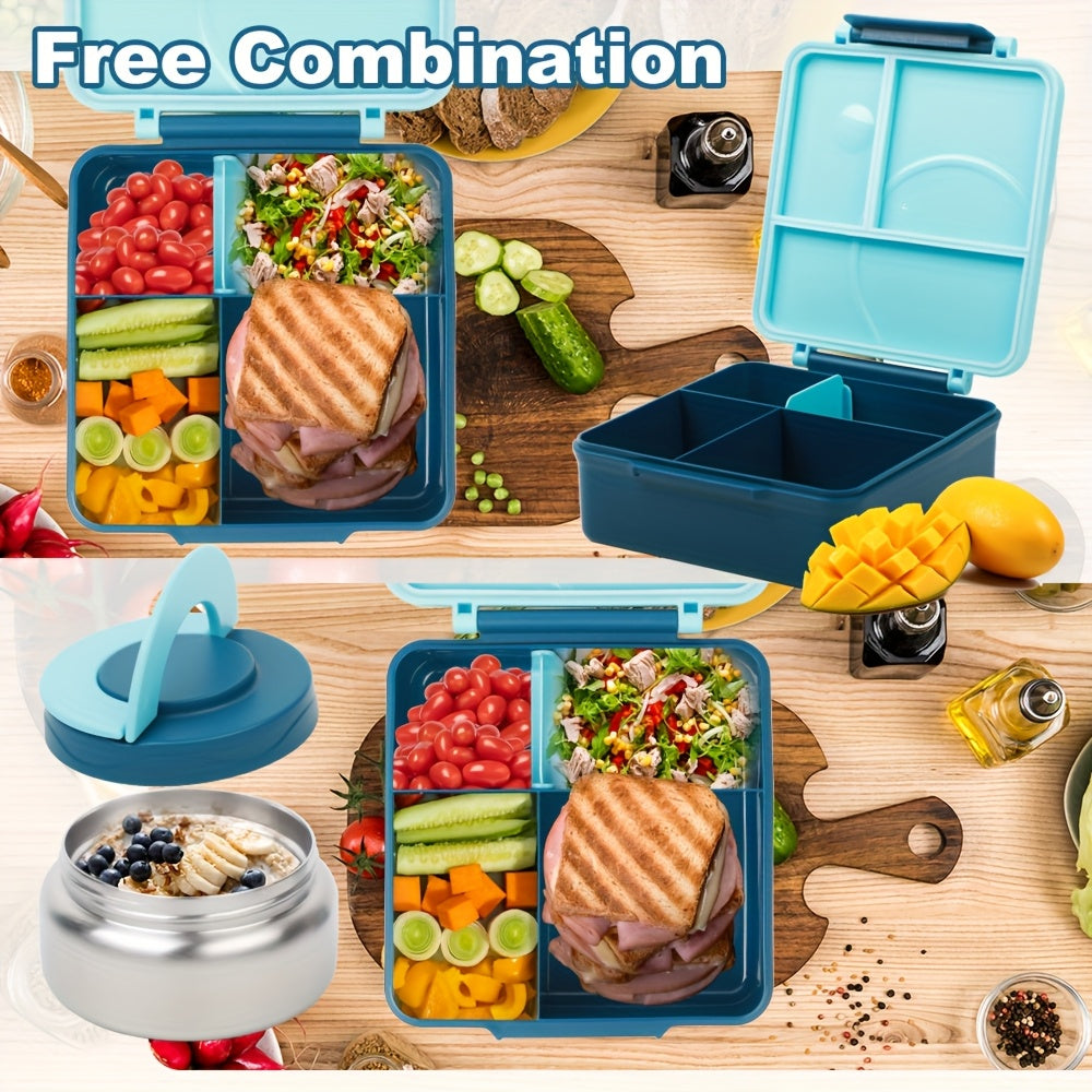 Blue cartoon kids thermos lunch box with four compartments and matching water bottle — view 3