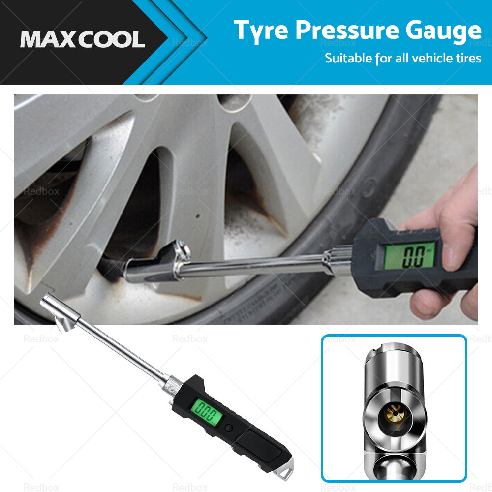 Digital dual-head tire pressure gauge with backlit LCD screen and stainless steel grip