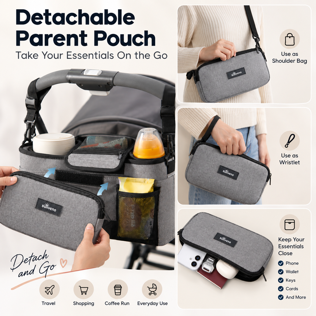 SUNVENO Stroller Organizer Bag with Detachable Parent Pouch, Dual Cup Holders, Adjustable Straps & Removable Shoulder Strap-2