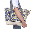 Portable pet travel shoulder bag in colorful patterned canvas with breathable mesh window for small animals