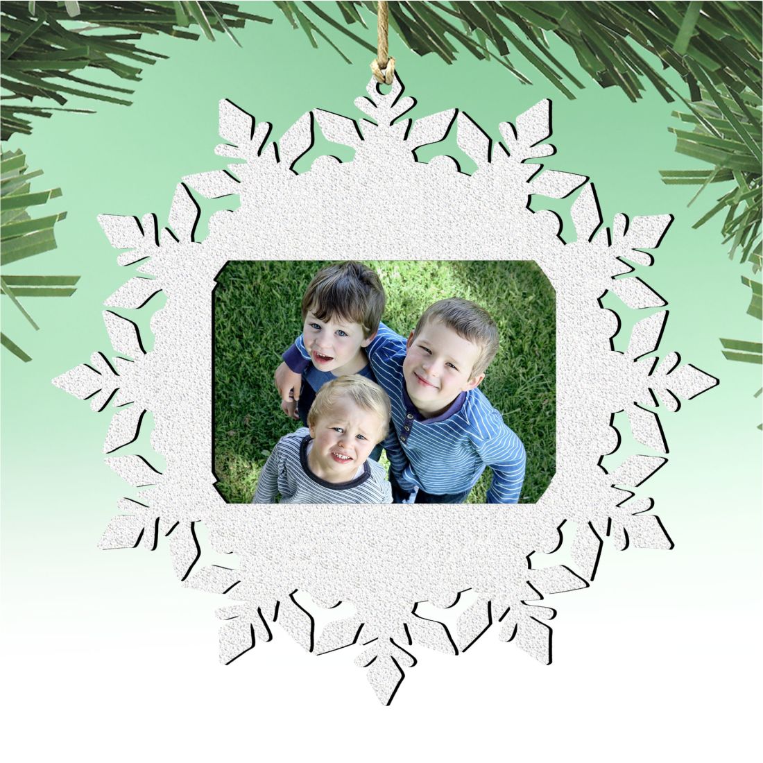 Handcrafted wooden snowflake Christmas picture frame ornament for four by two inch photos — view 5