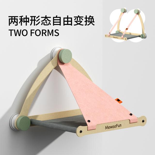 Wooden cat hammock window seat with breathable canvas mat attached to glass using suction cups — view 2