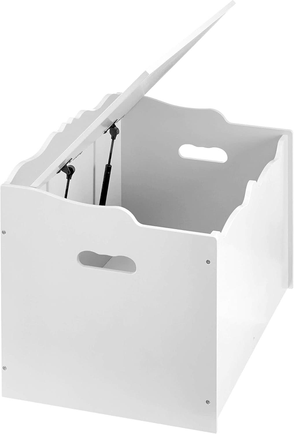 White wooden toy box chest with safety hinge lid for modern playroom and nursery organization — view 3