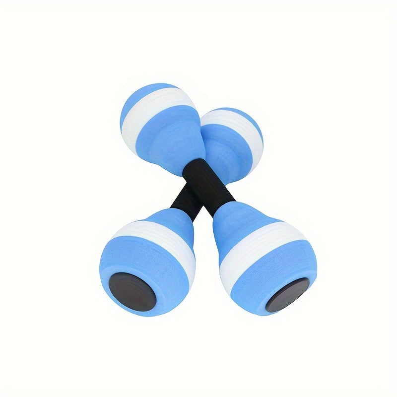 Blue EVA foam aqua fitness barbells for low-impact water resistance training and pool exercises.