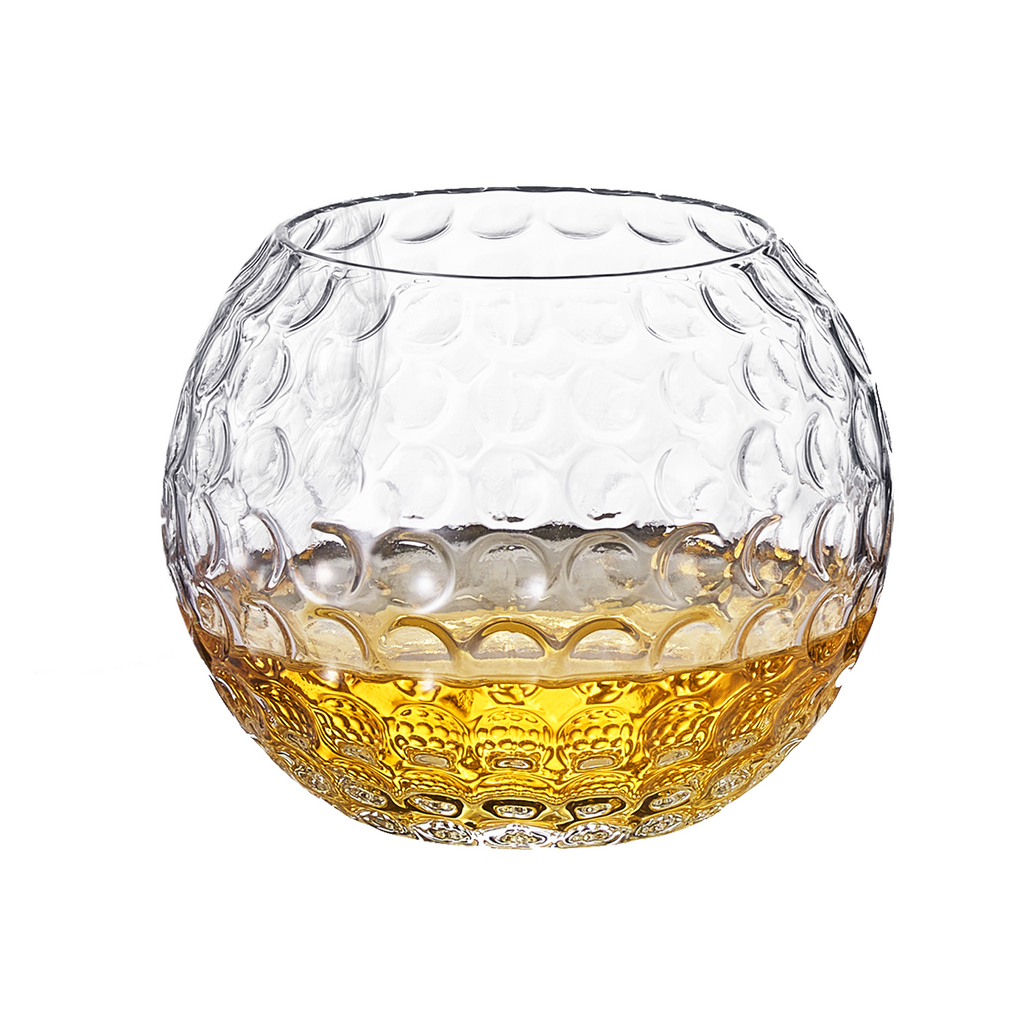 Golf ball shaped 15oz whiskey glass with detailed dimples for premium spirits and home bars
