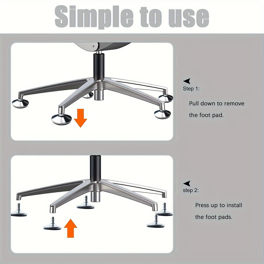 Stainless steel office chair casters set of six with self-adhesive black adhesive rubber pads — view 2