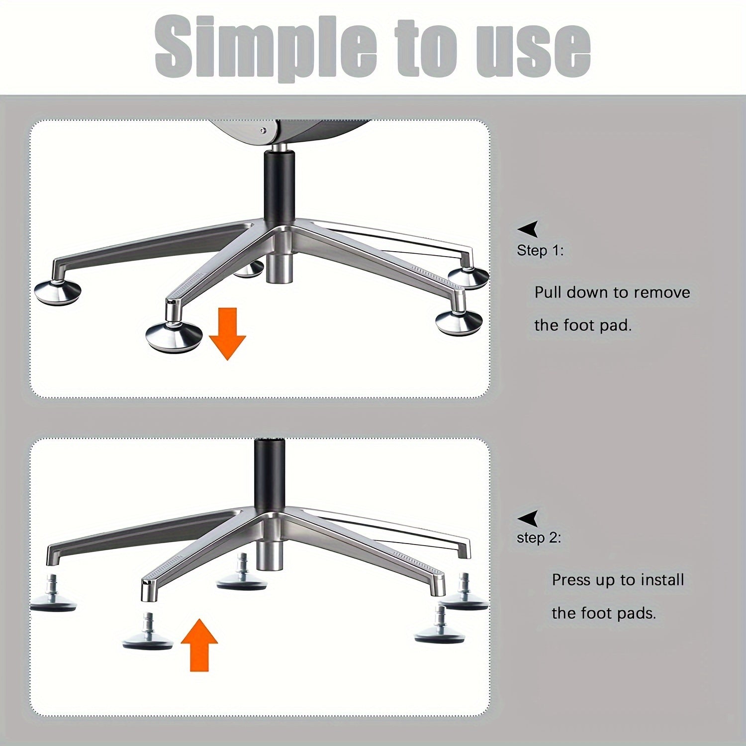 Stainless steel office chair casters set of six with self-adhesive black adhesive rubber pads — view 2