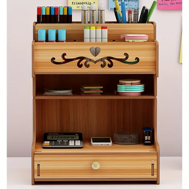 Wooden drawer organizer and desktop storage with versatile compartments for pens, markers, and office supplies — view 5