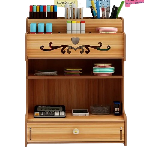 Wooden drawer organizer and desktop storage with versatile compartments for pens, markers, and office supplies