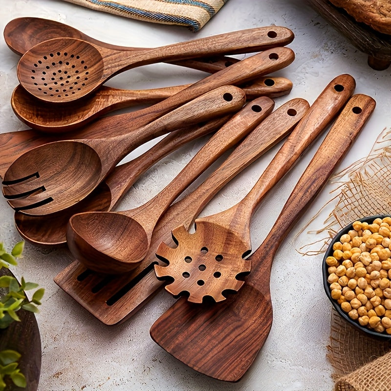 10-piece natural teak wood kitchen utensil set with spoons and shovels for home cooking — view 2