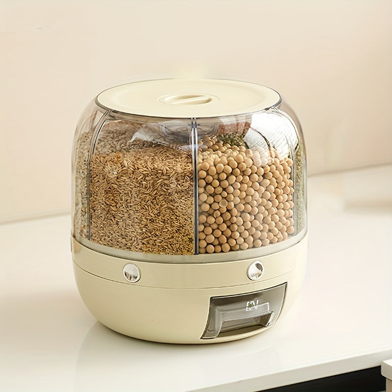 White round rotating grain storage box with flip top and divided compartments for pantry organization — view 3