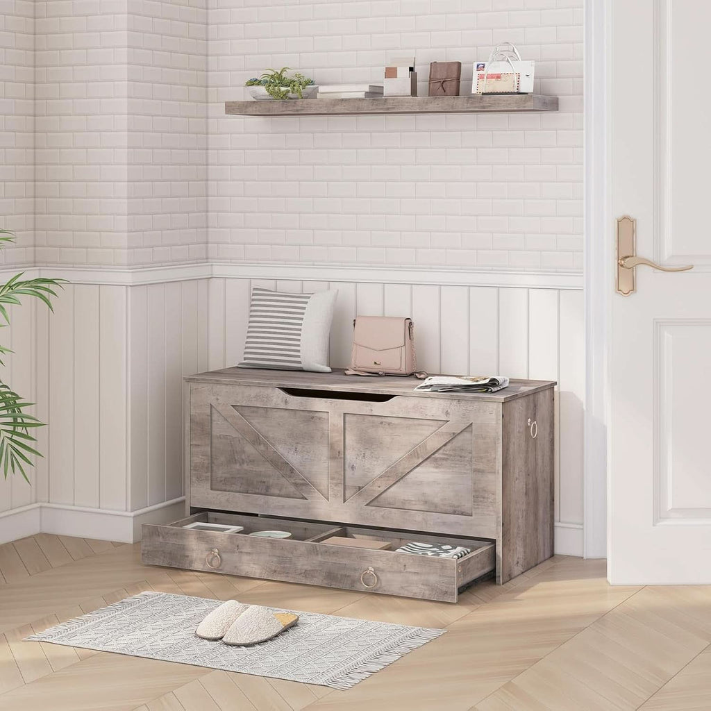 Greige solid wood storage bench toy chest with a bottom sliding drawer and U-shaped opening — view 4