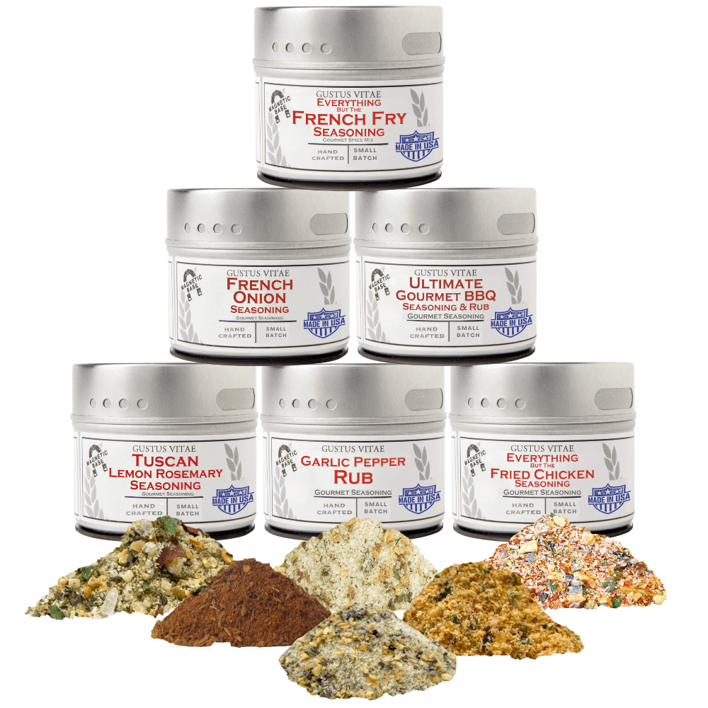Air fryer seasoning set with six artisanal gourmet spice blend flavors in round magnetic tins