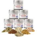 Air fryer seasoning set with six artisanal gourmet spice blend flavors in round magnetic tins