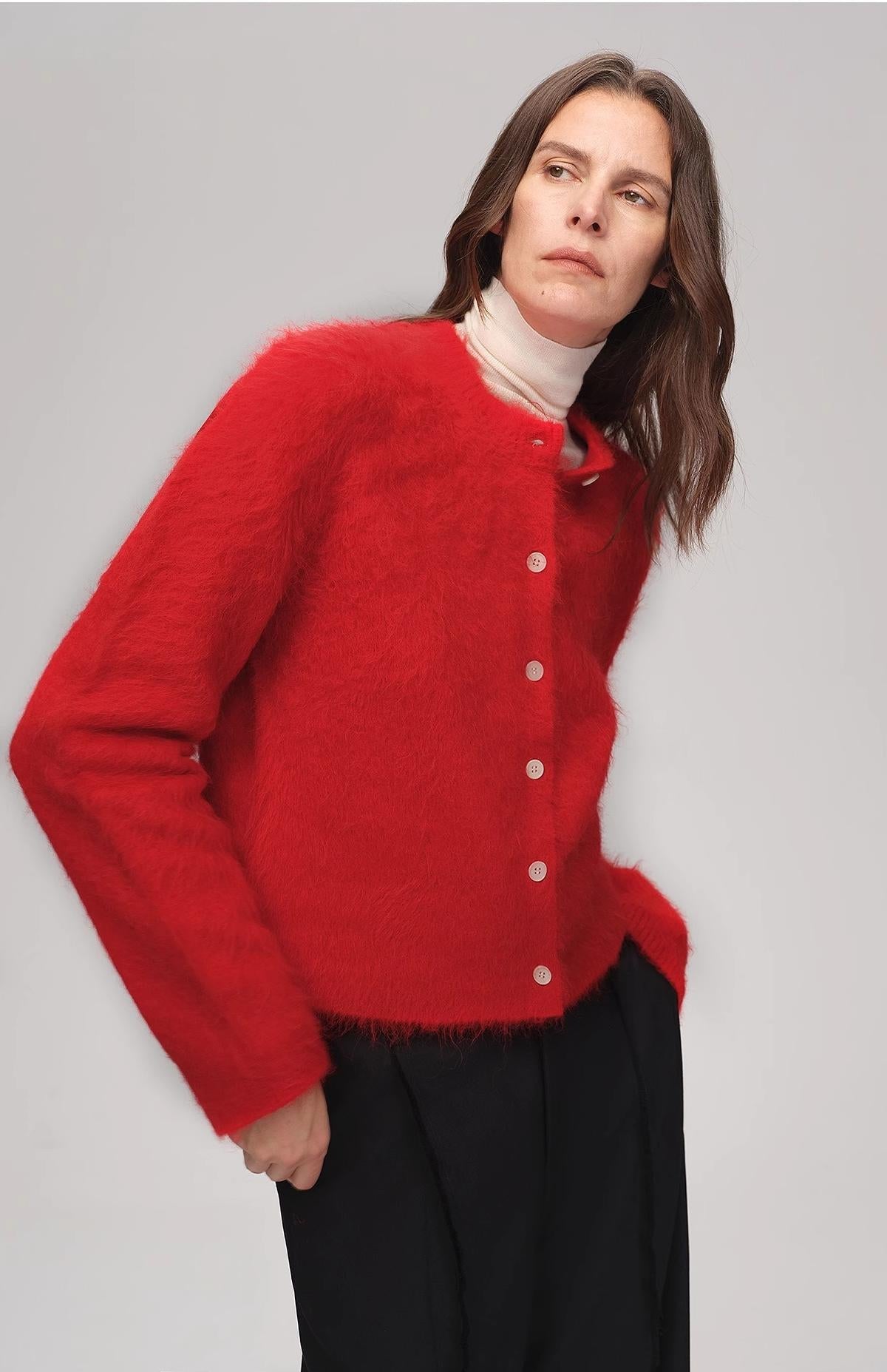 Brushed alpaca wool cardigan sweater for women in a fluffy relaxed boxy fit design — view 2