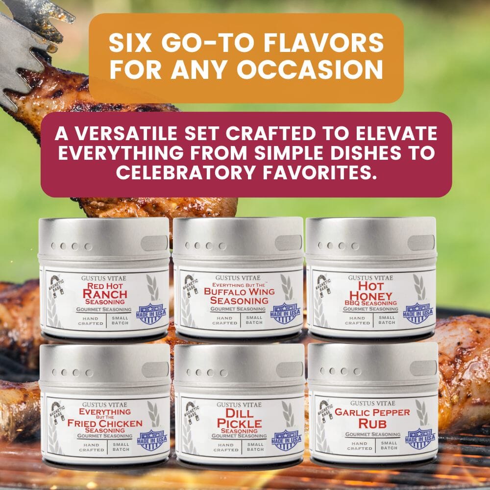 All American Wings Seasoning Set in six magnetic tins inside a premium polished gift box — view 2