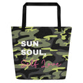 All-over print large tote bag with comfortable cotton handles and vibrant beach-ready colorful design