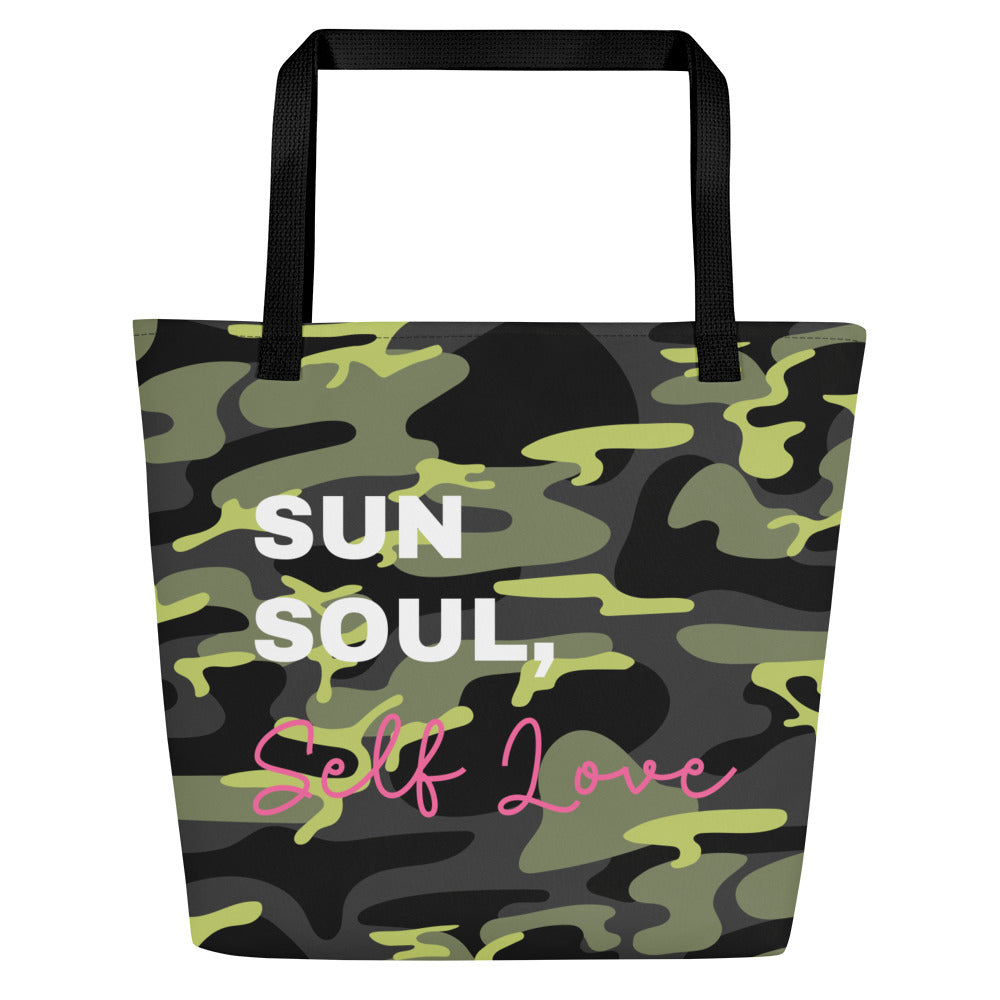 All-over print large tote bag with comfortable cotton handles and vibrant beach-ready colorful design