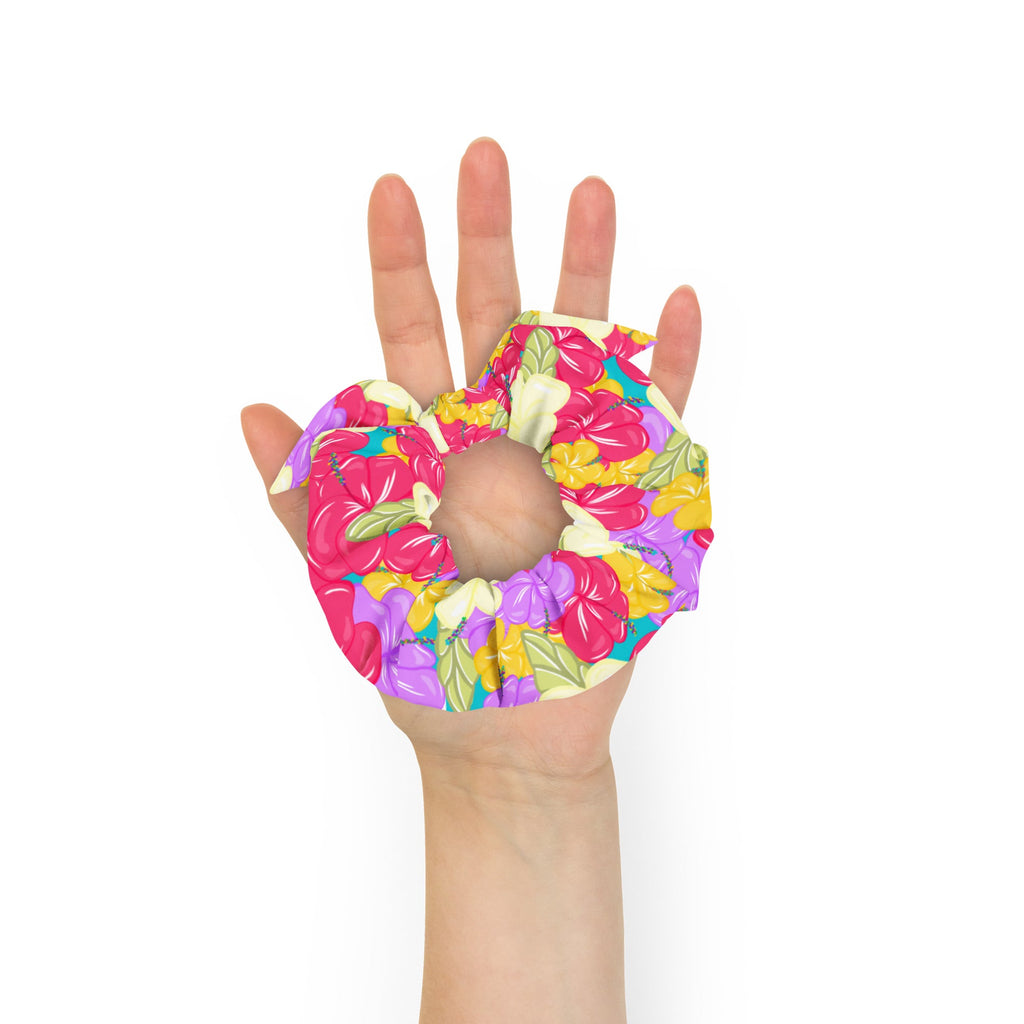 Bright Bloom ribbon scrunchie with removable bow in vibrant floral recycled fabric — view 5