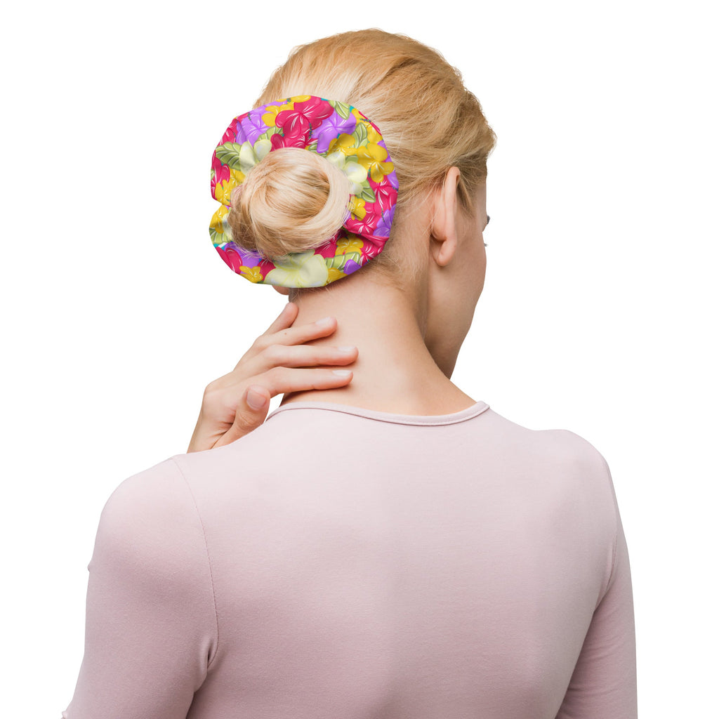 Bright Bloom ribbon scrunchie with removable bow in vibrant floral recycled fabric — view 3