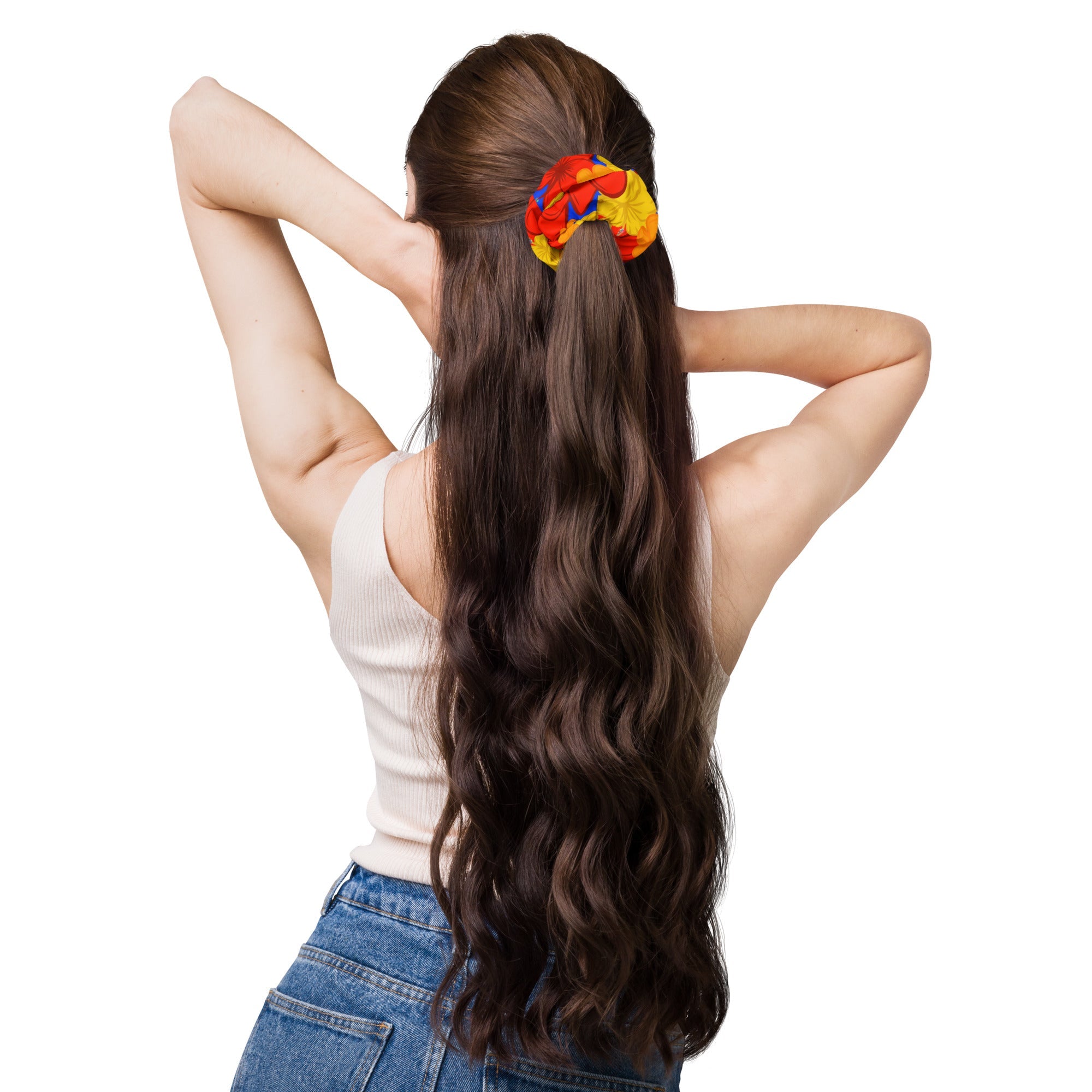 Vibrant recycled sunburst hair scrunchie with a removable bow detail and smooth stretch fabric. — view 4