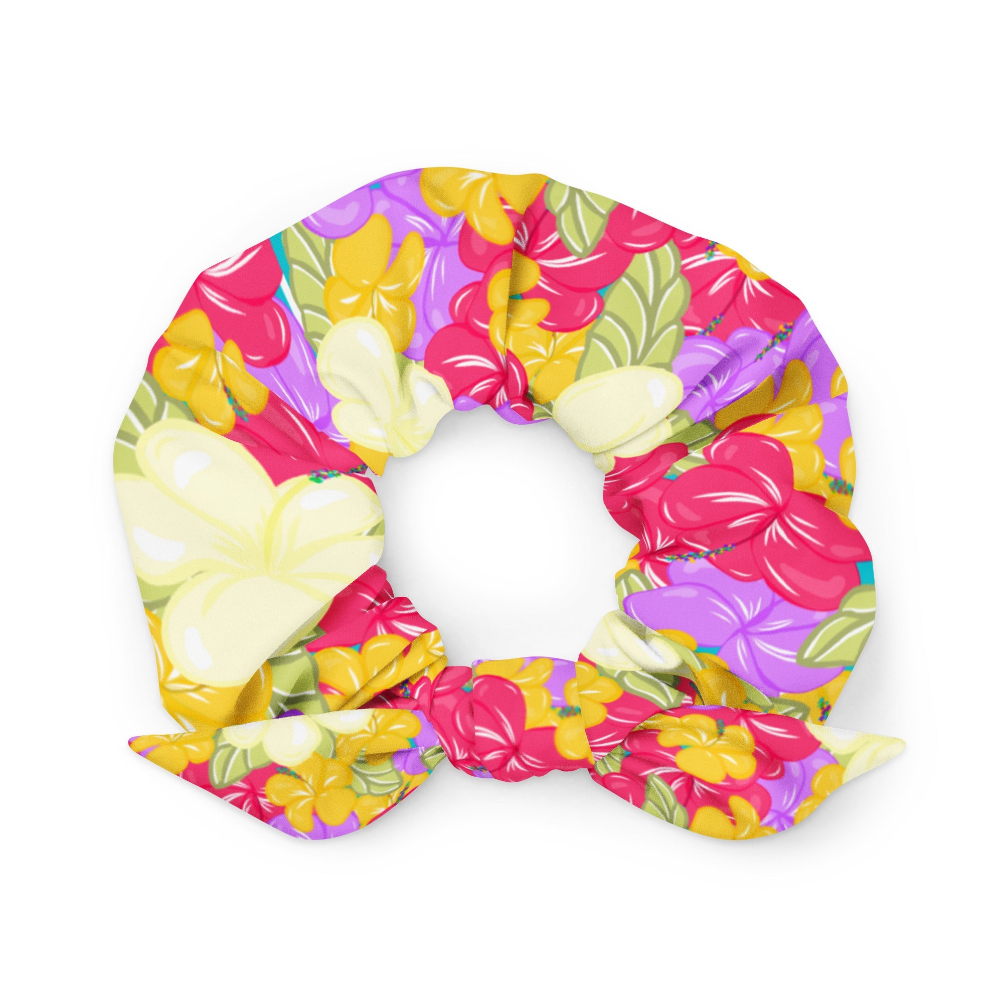 Bright Bloom ribbon scrunchie with removable bow in vibrant floral recycled fabric