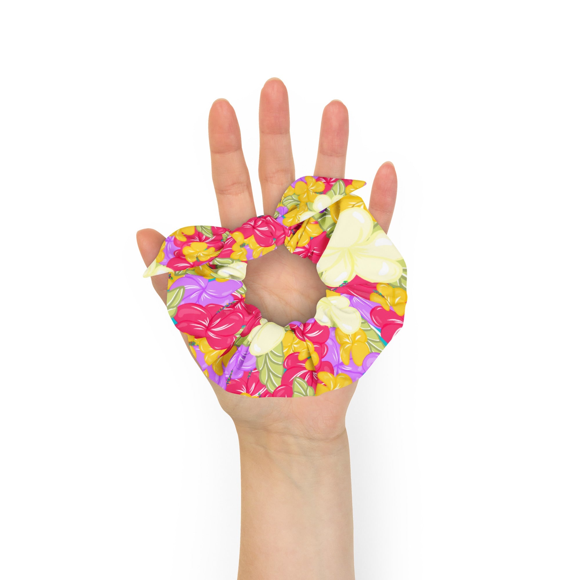 Bright Bloom ribbon scrunchie with removable bow in vibrant floral recycled fabric — view 4