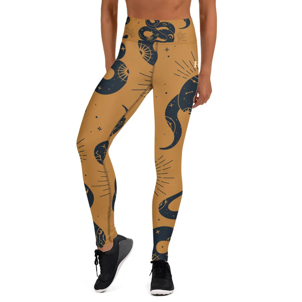 Women's high-waisted yoga leggings made from a stretchy, moisture-wicking spandex and polyester performance blend.