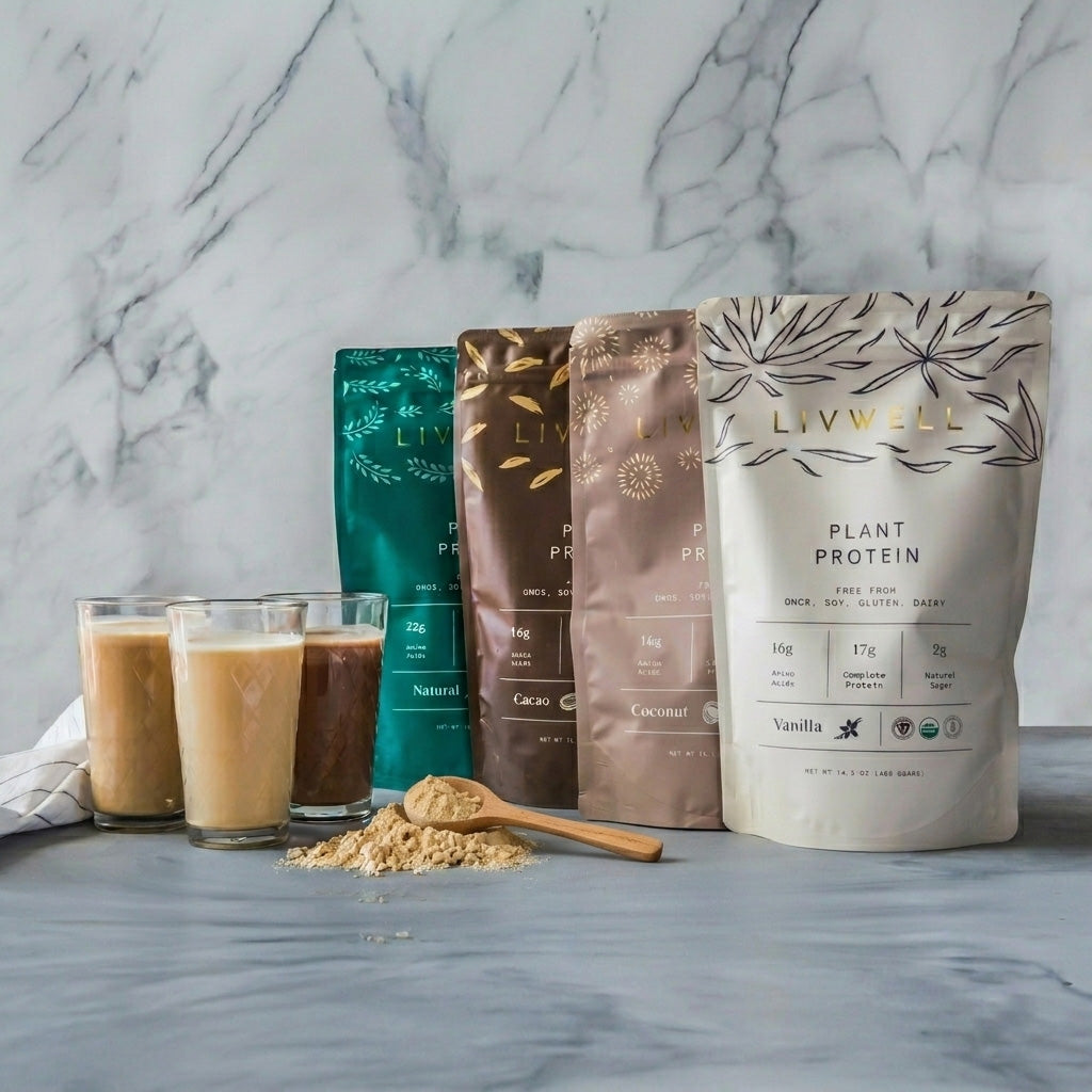 Natural protein blend powder in a container, premium organic plant-based fitness and muscle recovery supplement — view 2
