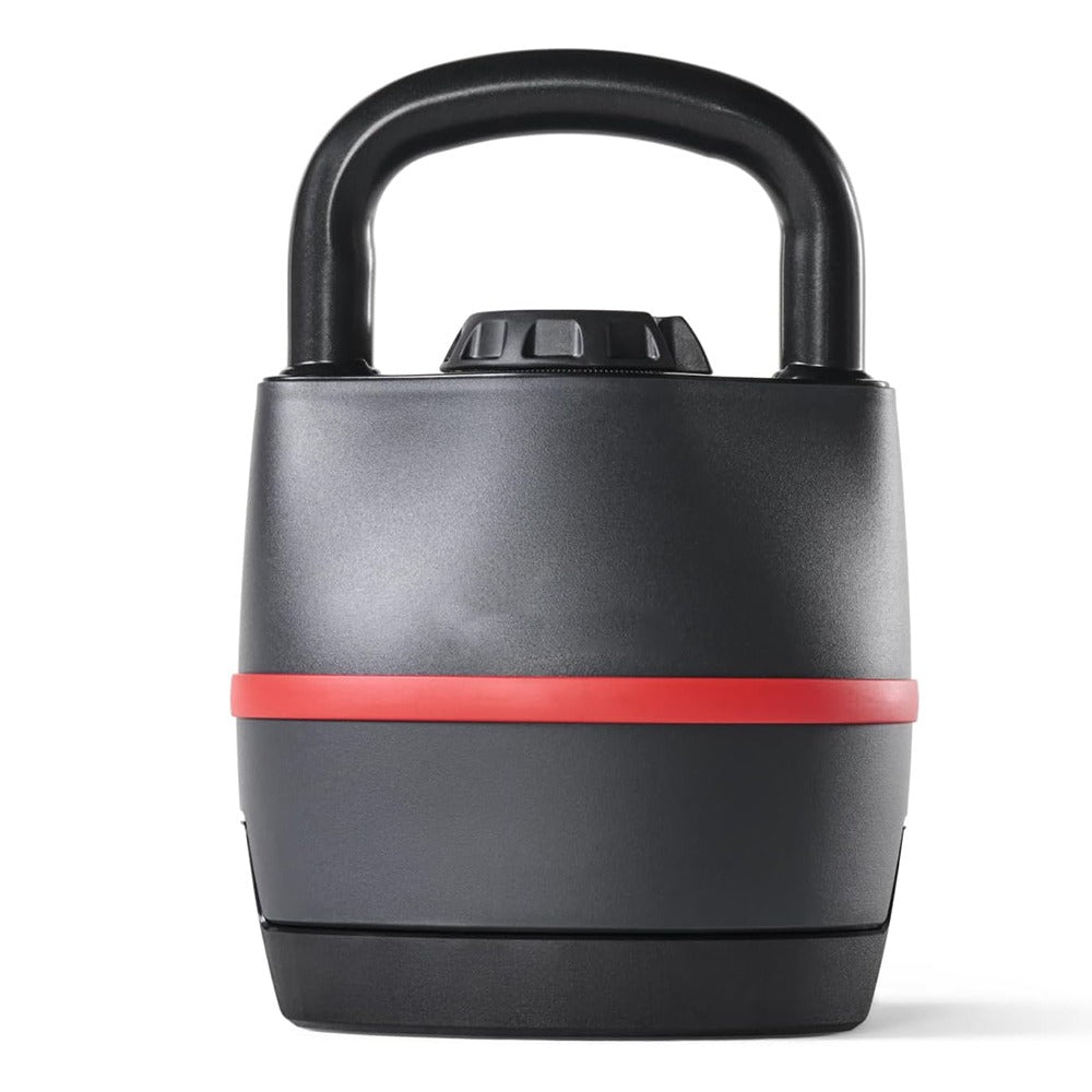 Black adjustable kettlebell with an ergonomic handle showcasing removable steel weight plates for home fitness — view 2