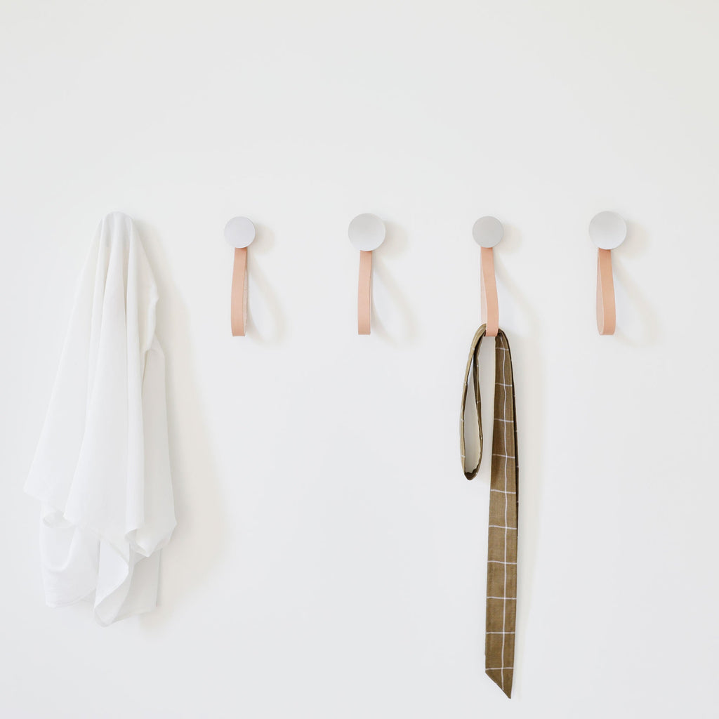 Round Beech Wood & Aluminium Wall Mounted Hook / Hanger with Leather Strap-3