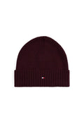 Beige men's ribbed knit beanie in organic cotton and cashmere blend with embroidered front logo