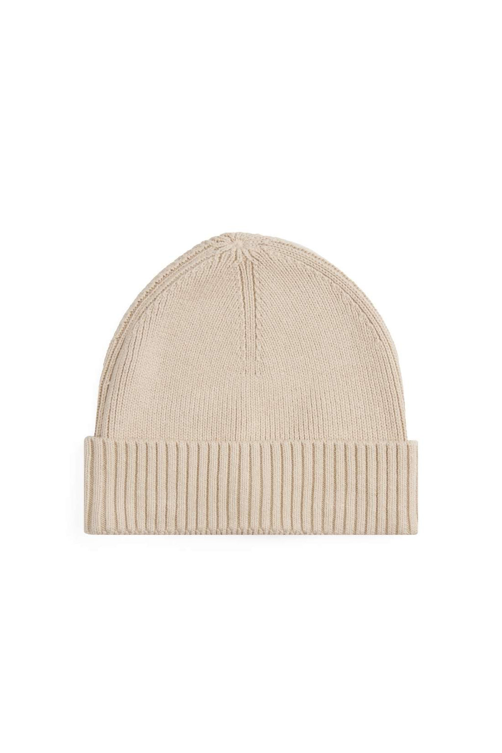 Beige men's ribbed knit beanie in organic cotton and cashmere blend with embroidered front logo — view 8