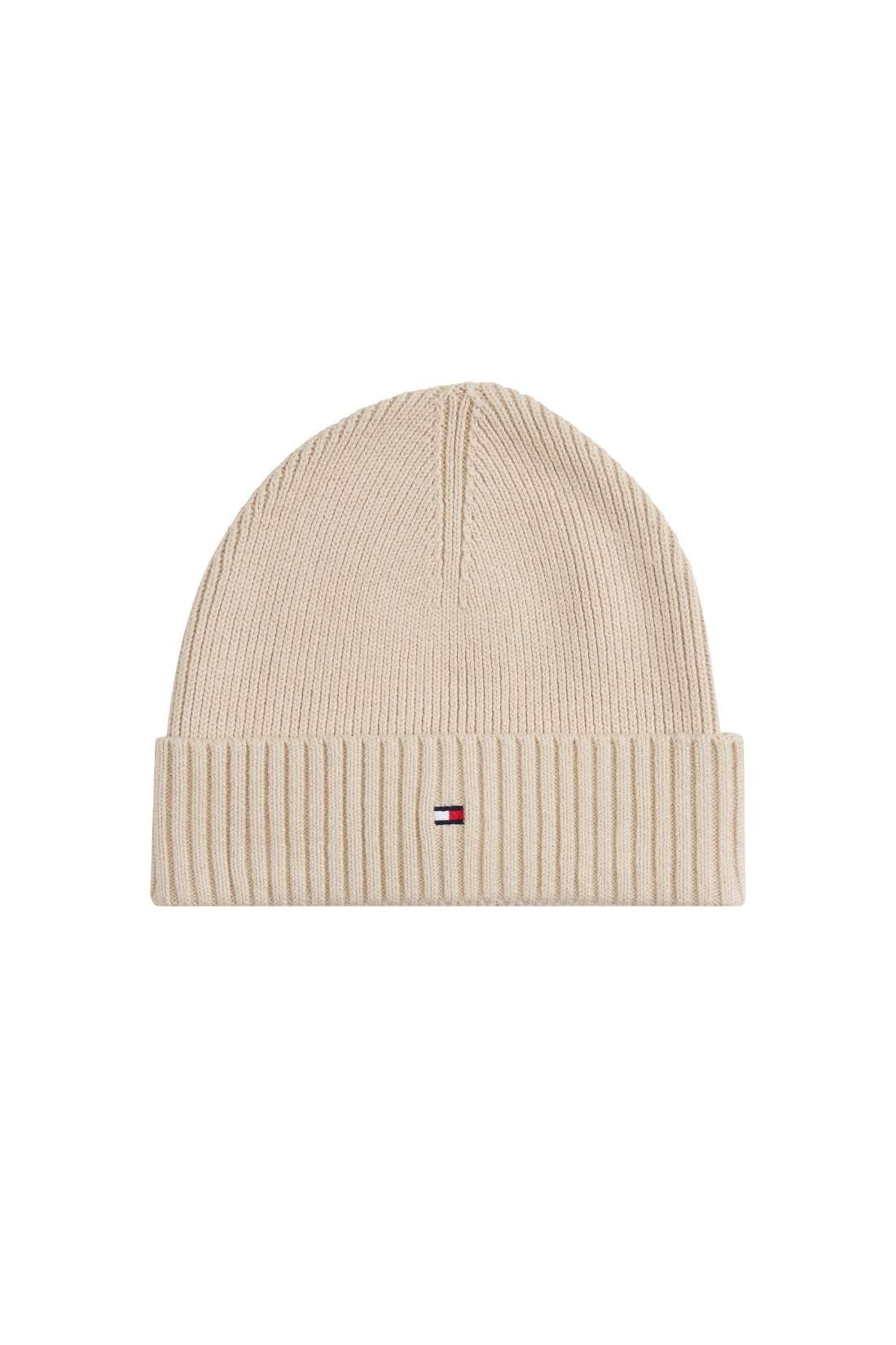 Beige men's ribbed knit beanie in organic cotton and cashmere blend with embroidered front logo — view 7