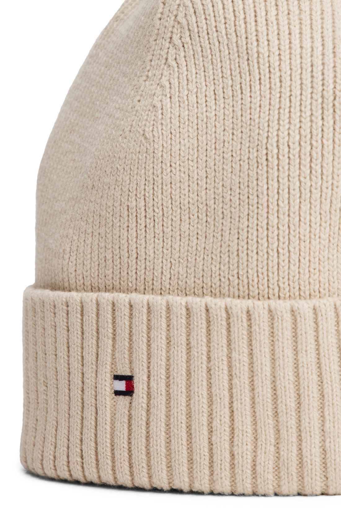 Beige men's ribbed knit beanie in organic cotton and cashmere blend with embroidered front logo — view 9