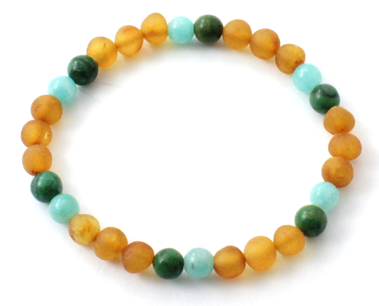 Raw golden honey Baltic amber stretch bracelet with green African jade and amazonite gemstone beads