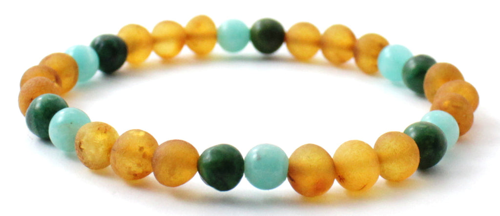Raw golden honey Baltic amber stretch bracelet with green African jade and amazonite gemstone beads — view 4