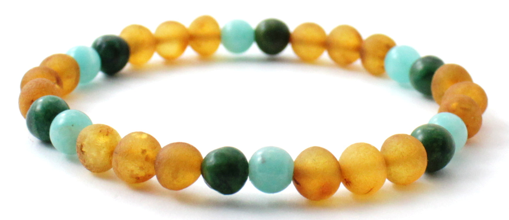 Raw golden honey Baltic amber stretch bracelet with green African jade and amazonite gemstone beads — view 4